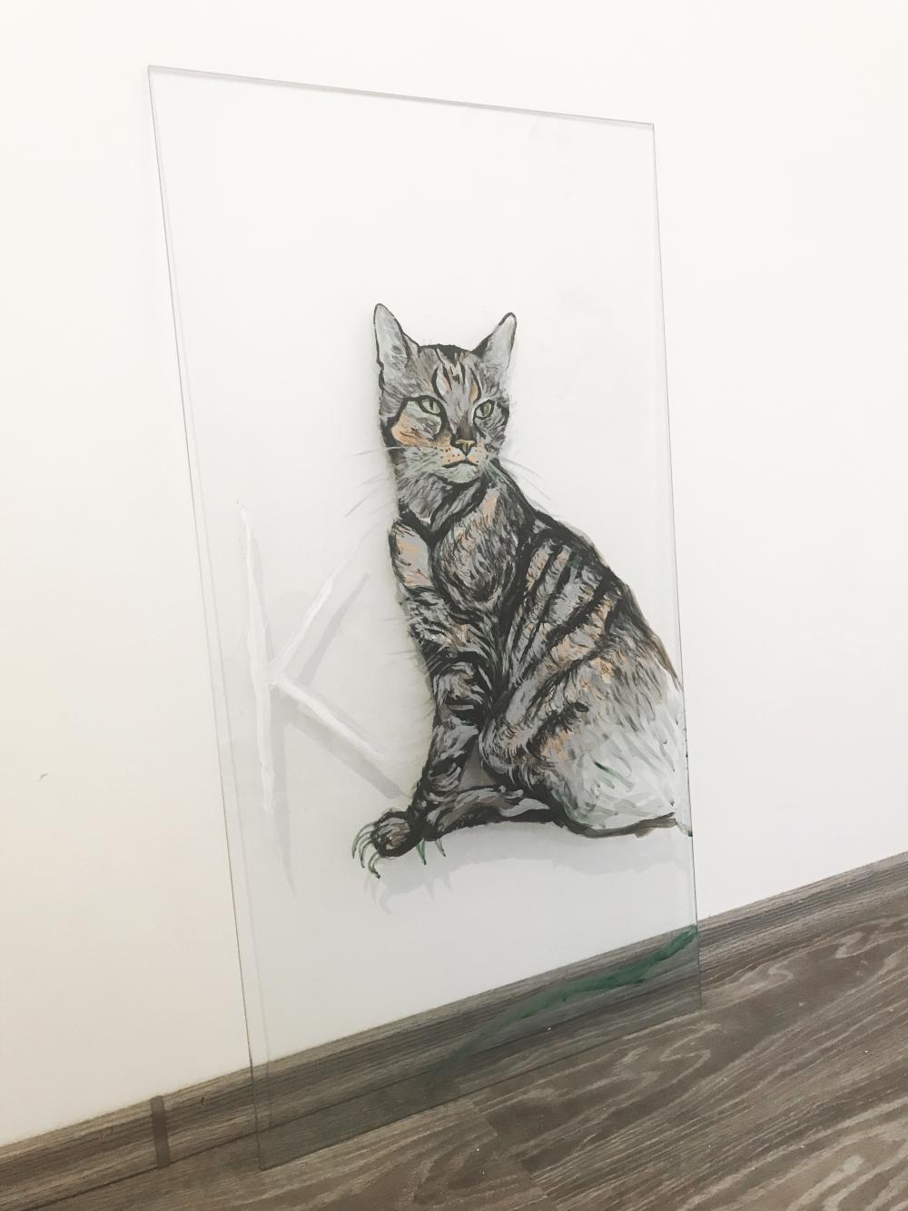 Konstantin Cat-Snake Summertime Sadness, (2018), tempera painting on glass and latex,  36x68 cm